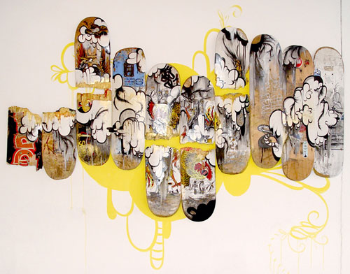 Sofia Maldonado. Cock Fight, 2008. Found skateboards, paint, marker, dimensions variable. Courtesy of the artist; Magnan Metz Gallery, New York. Photograph: Courtesy of the artist; Magnan Metz Gallery, New York.