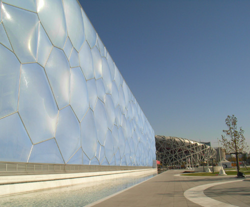 View of the Water Cube from the southeast towards the National Stadium.