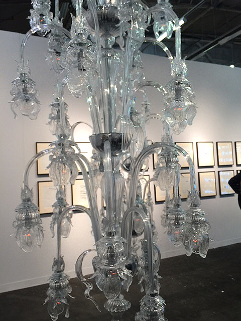 Cerith Wyn Evans. Mantra, 2016. Chandelier (Galliano Derro), dimmer unit and two control tracks. 133 7/8 x 90 9/16 x 31 ½ (First chandelier: 98 7/16 x 31 ½ in; Second chandelier: 86 5/8 x 31 ½ in). White Cube, London. Photograph: Jill Spalding.