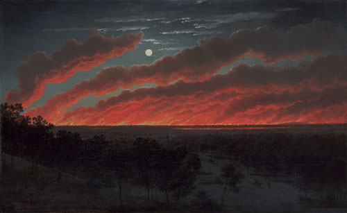 Eugene von Guérard. Bush Fire, 1859. Oil on canvas, 34.8 x 56.3 cm. Art Gallery of Ballarat. Gift of Lady Currie in memory of her husband, the late Sir Alan Currie, 1948.