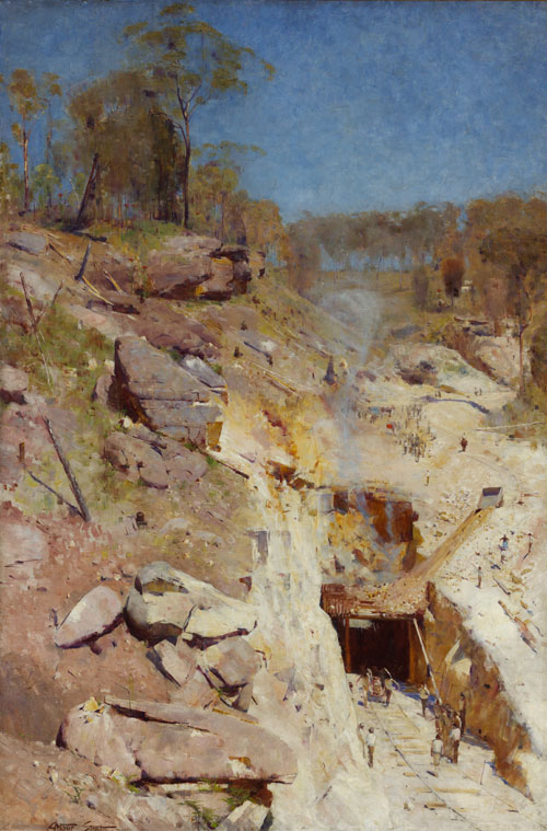 Arthur Streeton. 'Fire's On', 1891. Oil on canvas, 183.8 x 122.5 cm. Art Gallery of New South Wales, purchased 1893.