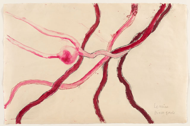 Louise Bourgeois. No. 8 of 14 from the installation set À l’Infini. 2008. Soft ground etching, with gouache, watercolour, pencil, and coloured pencil additions. Sheet: 40 × 60 in (101.6 × 152.4 cm). The Museum of Modern Art, New York. Purchased with funds provided by Agnes Gund, Marie-Josée and Henry R. Kravis, Marlene Hess and James D. Zirin, Maja Oeri and Hans Bodenmann, and Katherine Farley and Jerry Speyer, and Richard S. Zeisler Bequest (by exchange). © 2017 The Easton Foundation/Licensed by VAGA, NY.