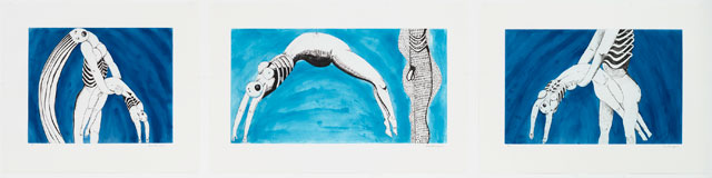 Louise Bourgeois. Triptych for the Red Room, 1994. Aquatint, drypoint, and engraving. Sheet (a): 27 13/16 x 32 5/16 in (70.6 x 82.1 cm); sheet (b): 27 13/16 x 42 1/16 in (70.7 x 106.8 cm); sheet (c): 27 7/8 x 37 5/8 in (70.8 x 95.5 cm). The Museum of Modern Art, New York. Gift of the artist. © 2017 The Easton Foundation/Licensed by VAGA, NY.