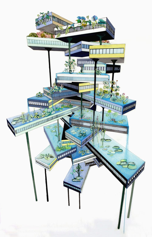 Naomi Reis. Vertical Garden (Falling Water), 2008. Acrylic and ink mixed media collage on mylar, 53 × 35 in. Collection of Katarina Maxianova and Aaron Hagedorn.