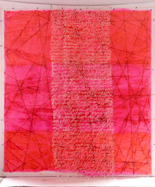 Irene Barberis. V<em>isions and Dreams – faith is a verb silicone and latex cross – revelation and utopian ideal</em>, 2000. Latex, Fluorescent pink pigment, clear silicone, pink builders string, yellow tape, coloured pins. 300cms x 300cms © the artist. Photo artist, School of Art Gallery (former Square Gallery) RMIT University, Melbourne, Australia.