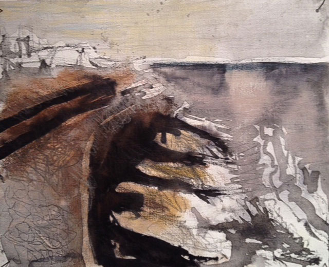 Regine Bartsch. Aldeburgh Beach, 2013. Ink, graphite, charcoal and pastel on linen, 39 x 30 cm. Photograph: Alan Landers.