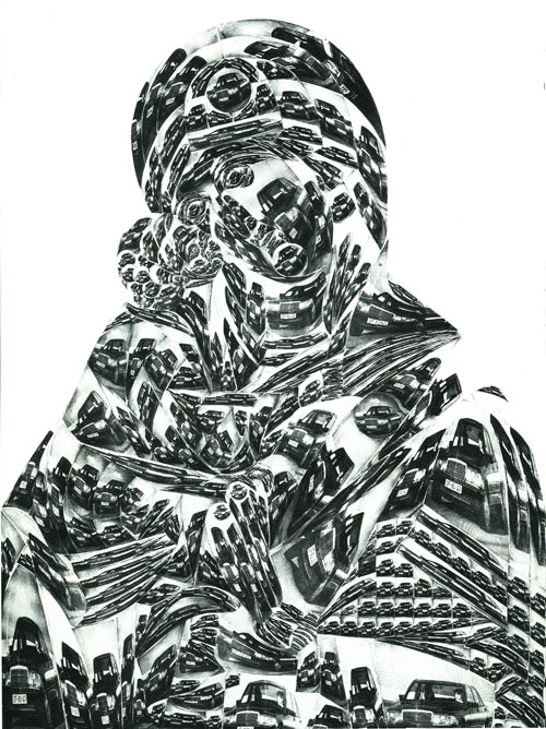 Thomas Bayrle. Madonna Mercedes, 1989. Silkscreen print on canvas. Courtesy of the artist.