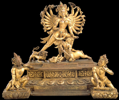 <em>Durga.</em> Nepal, 13th century. Gilt copper alloy, 11 x 13 x 7¼ in. Rubin Museum of Art, C2005.16.11 (HAR 65433)