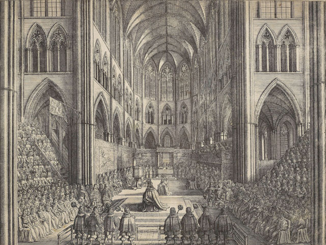 Wenceslaus Hollar, The Coronation of King Charles the II in Westminster Abbey the 23 of April 1661, 1662. Etching, 36 x 48 cm (sheet). Royal Collection Trust © Her Majesty Queen Elizabeth II.