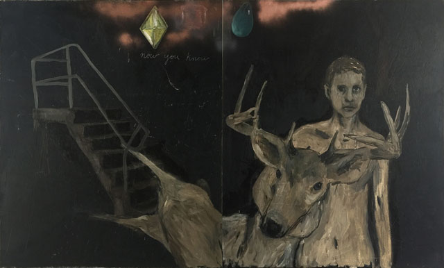 Enrique Martínez Celaya. Untitled (Boy with Deer), 2016. Oil and wax on canvas, 72 x 120 in. © Enrique Martinez Celaya. Courtesy of the artist and Jack Shainman Gallery, New York.