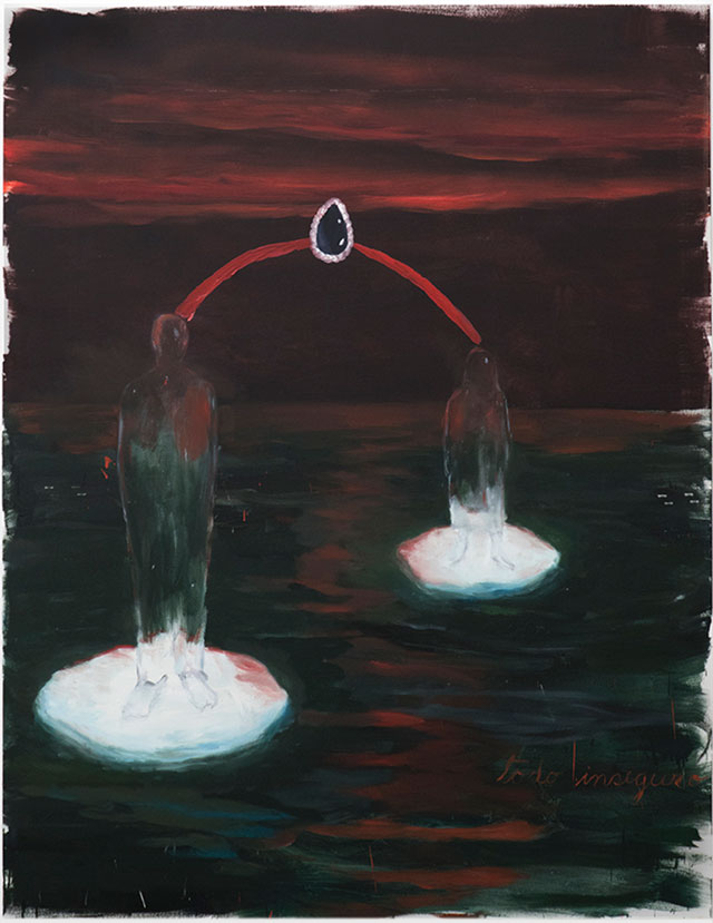 Enrique Martínez Celaya. Untitled (Two Figures on Ice), 2017. Oil and wax on canvas, 78 x 60 in. © Enrique Martinez Celaya. Courtesy of the artist and Jack Shainman Gallery, New York.