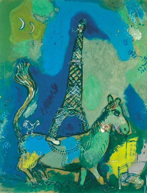 Marc Chagall. The Eiffel Tower, 1927. Watercolour, gouache and oil on paper. Brussels, Royal Museums of Fine Arts of Belgium © RMFAB Brussels/Chagall ® SABAM Belgium 2015. Photograph: Photo d’art Speltdoorn & Fils.
