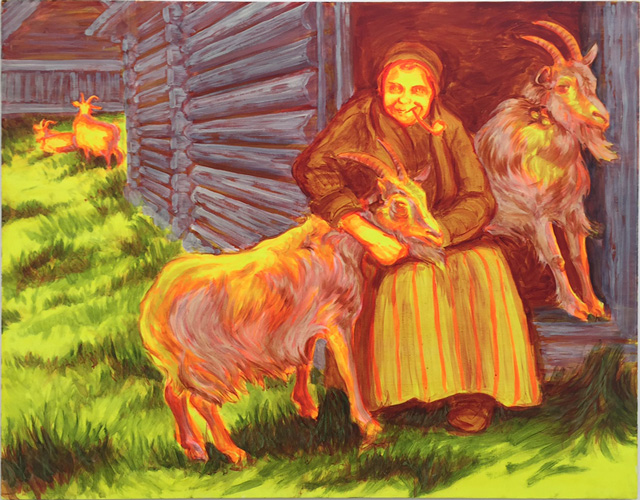 Sigrid Holmwood. Old Woman Hugging A Goat, 2008. Fluorescent lemon yellow, fluorescent flame red, lead white, cochineal, ultramarine, green earth, Spanish red ochre in egg tempera and oils on board, 122 x 153 cm. Photograph: Martin Kennedy.