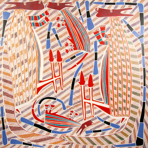 Djambu Barra Barra. <em>Two Kangaroos and two Dogs, </em>2005. Synthetic polymer paint on canvas, 120 x 120 cm. Private collection, Sydney.
