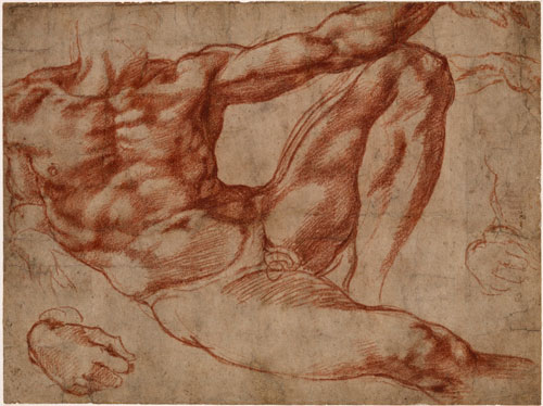 Studies of a reclining male nude: Adam in the fresco The Creation of Man on the vault of the Sistine Chapel, c1511. Dark red chalk over some stylus underdrawing (left calf and elsewhere). Michelangelo. © The Trustees of the British Museum.