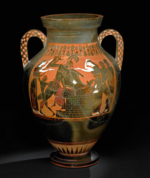 Pottery: black-figured amphora: the death of Priam. Greek, 550BC-540BC (circa). Vulci, Lazio, Italy. © The Trustees of the British Museum.
