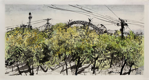 Kate Downie. Feijiacun Walk I ( Student Teacher), 2013. Ink and Chinese watercolour on Xuan paper, 70 x 138 cm. Copyright the artist. Photograph: Michael Wolchover.