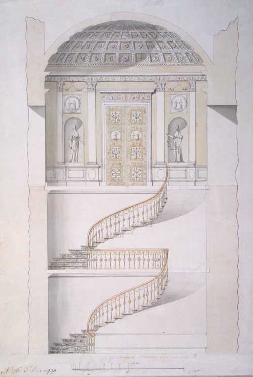 Cross-section of the staircase in the Agate Pavilion at Tsarskoye Selo. By Charles Cameron (c1743-c1812), Scottish, c1780. Pen and ink with wash and watercolour on paper.

One of Charles Cameron's masterpieces was the staircase which joined the Agate Pavilion and the Cold Baths at Tsarskoye Selo. Cat No. 101.