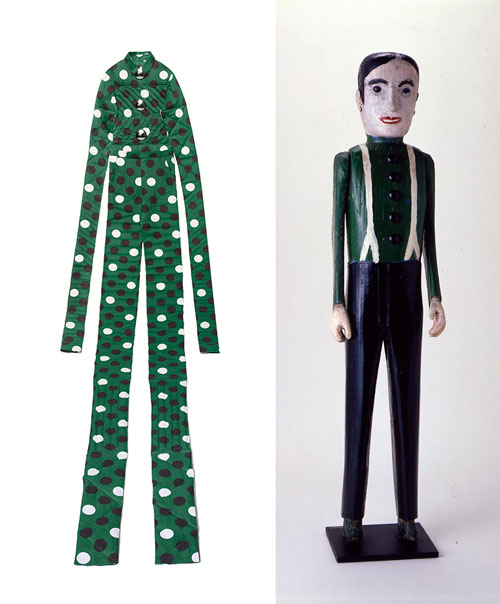 Left: Original ensemble by by John Bartlett. Photograph: Mete Ozeren. Right: Man with Green Shirt and White Suspenders. Artist unidentified. Canada or United States. Late 19th/early 20th century. Paint on wood with metal, glass, and tape, 29 1/2 x 5 1/2 x 4 in. Collection American Folk Art Museum, New York. Gift of Leo and Dorothea Rabkin. Photograph: John Parnell, New York.