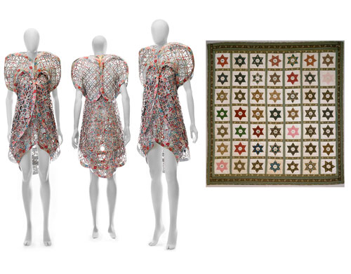 Left: Original ensemble by threeASFOUR. Photograph: Mete Ozeren. Inset right: Friendship Star Quilt, Elizabeth Hooton (Cresson) Savery (1808–1851) and others. Philadelphia, dated 1844. Cotton and linen with ink, 83 1/4 x 80 in. Collection American Folk Art Museum, New York. Gift of Marie D. and Charles A.T. O’Neill. Photograph: Matt Hoebermann, New York.