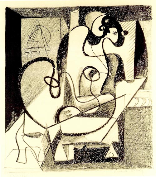 Arshile Gorky. <em>Painter and Model (The Creation Chamber)</em>, 1931. Lithograph on paper, 28.6 x 25.1 cm. Smithsonian Modern Art Museum, USA.