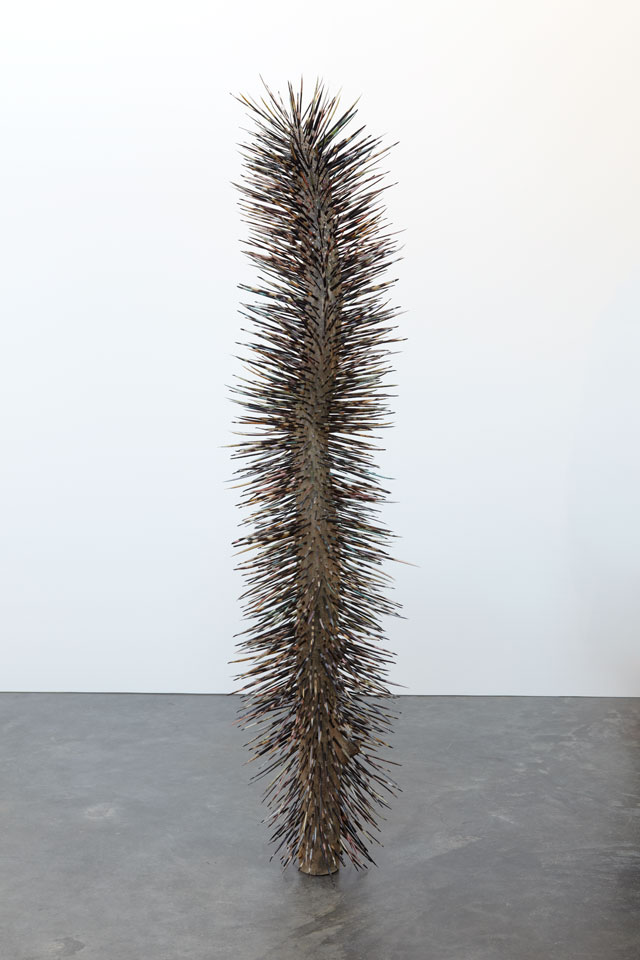 Jay Heikes. Ickly, 2010. Dyed porcupine quills and wood, 57 x 14 x 15 in (144.8 x 35.6 x 38.1 cm). Courtesy of the artist and Marianne Boesky Gallery, New York and Aspen. © Jay Heikes. Photograph: Jason Wyche.