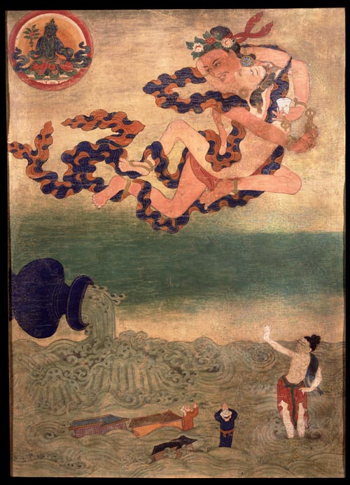 <strong><em>Ghantapa with Consort</em></strong>, Tibet, 19th century. Mineral pigments on cloth 21 x 15 ¼ in. Rubin Museum of Art, F1996.29.5 (HAR 514)