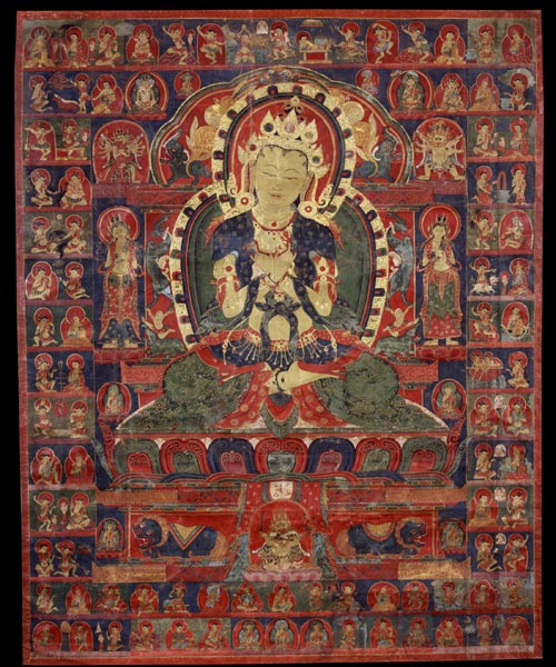 <strong><em>Vajradhara with Eighty-five Mahasiddhas</em></strong>, Tibet, 15th century. Mineral pigments on cloth 34 x 27 in. Rubin Museum of Art, C2003.50.1 (HAR 89)