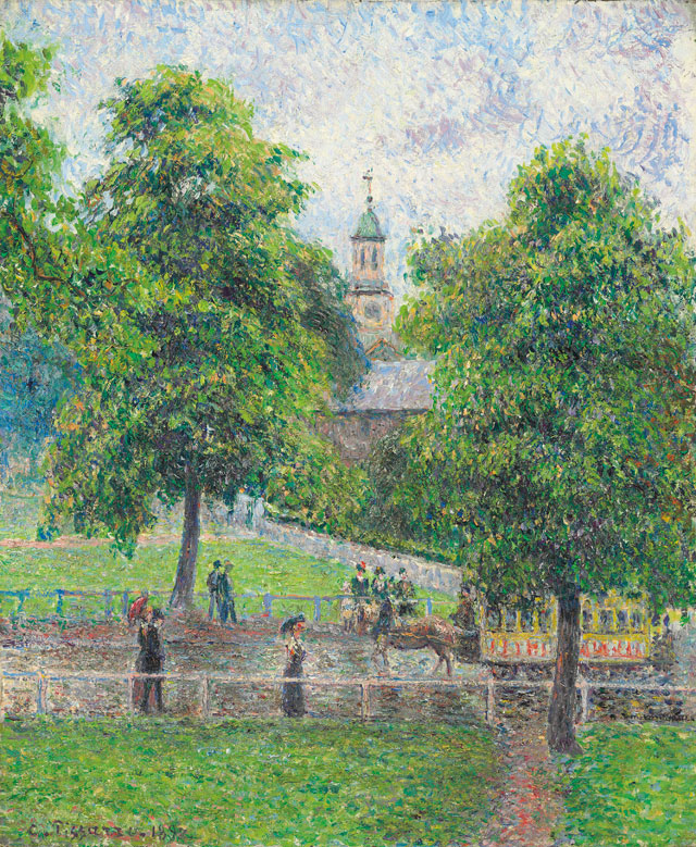 Camille Pissarro. Saint Anne’s Church at Kew, London, 1892. Oil paint on canvas, 54.8 x 46 cm. Private collection.