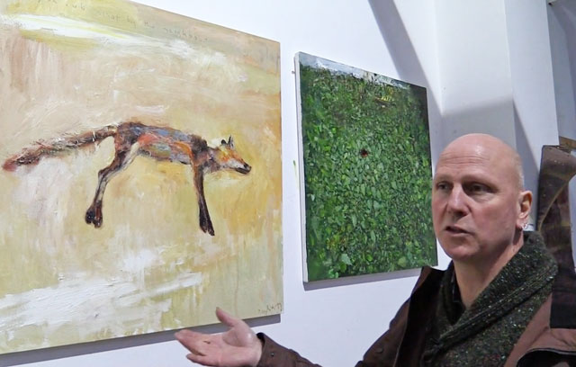 Kurt Jackson in his St Just studio, with a painting of a dead fox, 2014. Photograph: Martin Kennedy.