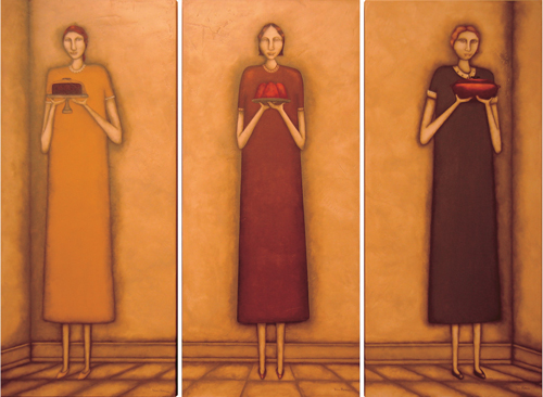 Kim Thomas. <em>Potluck Ladies: Dessert, Congealed Salad, Casserole</em>. 24 x 54 each (3 individuals in the triptych). Acrylic.