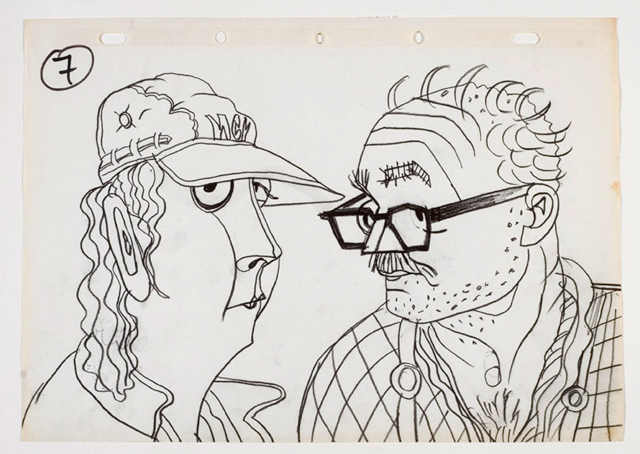 György Kovásznai. Talking Heads - drawing for the animated documentary Reportrait, 1982. Oil on canvas, 25 x 37 cm. Photograph: Kovásznai Research Workshop.