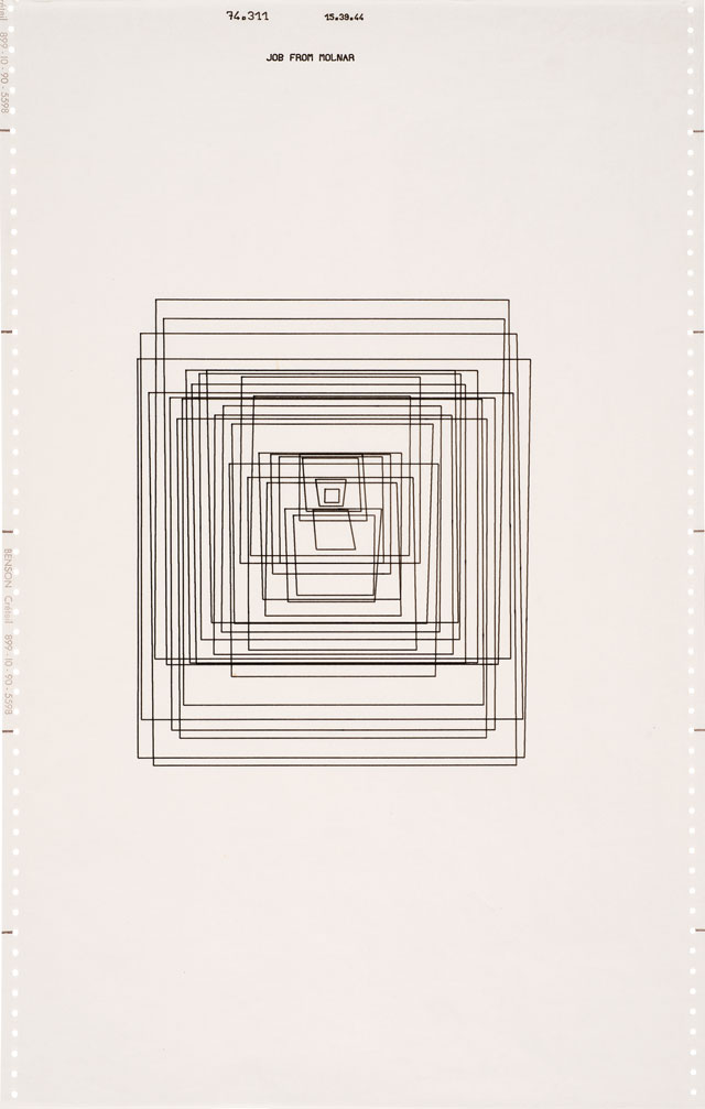 Vera Molnár. Trapèzes inscrits 1/5, 1974. Computer drawing, 55 x 36 cm (21¾ x 14¼ in). Courtesy The Mayor Gallery, London.