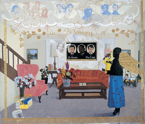 Kerry James Marshall. <em>Souvenir II</em>, 1997. Acrylic, collage and glitter on unstretched canvas banner. Purchased as the gift of the Addison Advisory Council in honor of John ('Jock') M. Reynolds’s directorship of the Addison Gallery of American Art, 1989-1998, Addison Gallery of American Art, Phillips Academy, Andover, Massachusetts.
