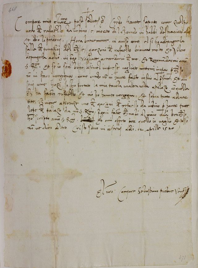 Letter from Sebastiano del Piombo in Rome to Michelangelo in Florence, 12 April 1520. © Casa Buonarroti, Florence.