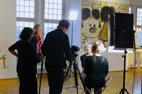 Susan Steinberg and film crew shooting Rose Wylie at her show at Städtische Galerie, Wolfsburg. Photographer: Sojo Yang, 2014.