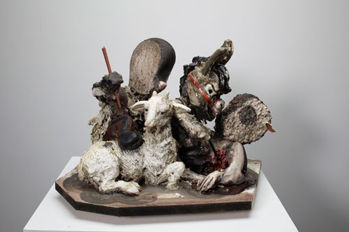 Cathie Pilkington. <em>Help is on its way</em>, 2010.  Wood, plaster, clay, fabric, paint, 40 x 55 x 38 cm.  © the artist and Space Station Sixty-Five. Photo: Graham Challifour.