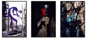 Senga Nengudi, Down (Purple), Red Devil (soul 2), Drifting Leaves, 1972. C-prints, Triptych courtesy of Sprüth Magers and Thomas Erben Gallery, New York. Photo: Doug Harris.