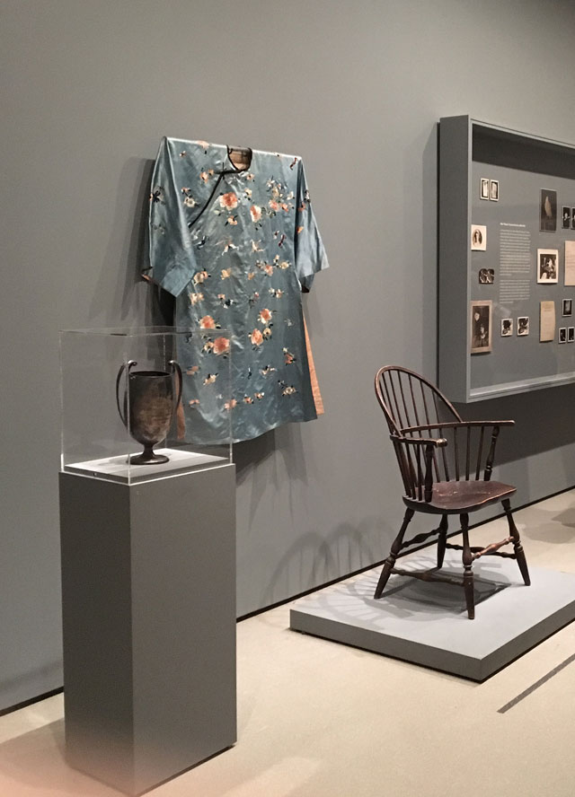 Silver loving cup presented to Margery Crandon by Arthur Conan Doyle on behalf of the British Psychic College. Robe worn by Crandon during séances. Séance chair belonging to Crandon. All objects are from the early 20th century. Photograph: Natasha Kurchanova.