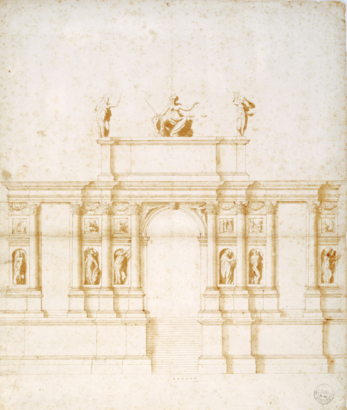 Andrea Palladio (1508–1580). Project for an alternative entrance to the Rialto Bridge, after May 1566 and before 1570. Pen, ink and wash, 55.0 x 42.8 cm. Pinacoteca Civica, Vicenza