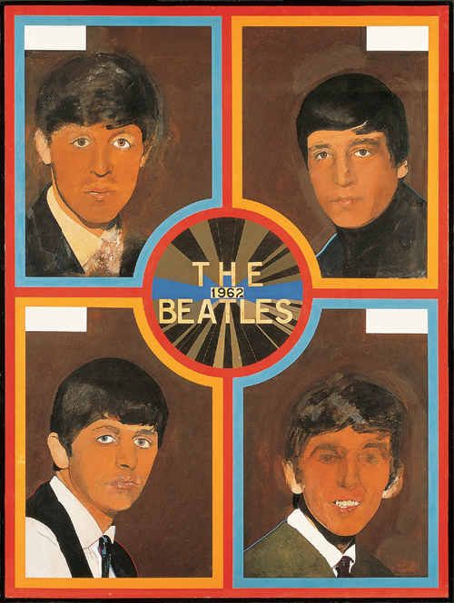 Peter Blake (1932 - ).        <em>The Beatles 1962 </em>(1963-68). 
1220 x 916 mm, 
Oil on board. 
Pallant House Gallery, Chichester. Wilson Gift and Loan.