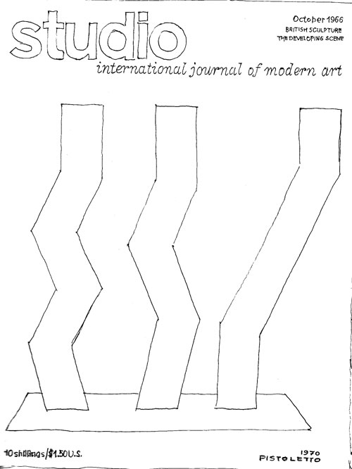 Michelangelo Pistoletto. Reproduced in Studio International, July/August 1970, Book Supplement. A graphic replication, in line, of a previous Studio International cover, that of October 1966 (a sculpture by William Turnbull, 3,4,5 (1966), steel, painted red and orange).