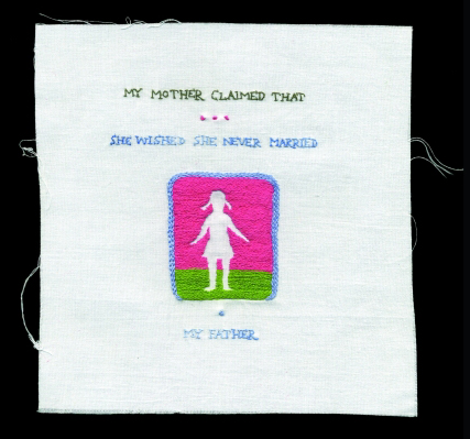 <strong>Andrea Dezsö</strong>.        <em>She Wished She Never Married </em>from<em> My Mother Claimed </em>series, 2005-2006. 
Hand-embroidered cotton thread on cotton canvas<br>
6 x 6 in. (15.2 x 15.2 cm). Collection of the artist. Photo: Andrea Dezsö