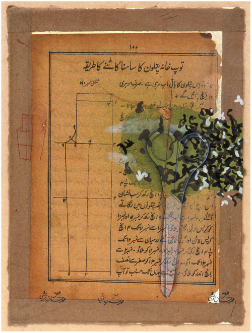 Imran Qureshi. How To Cut The Front Of An Artillery Pantaloon. Ink, gouache and cut and pasted paper on layered paper, 28.9 × 21 cm. Purchase, Robert B. and Emilie W. Betts Foundation Gift, 2013.