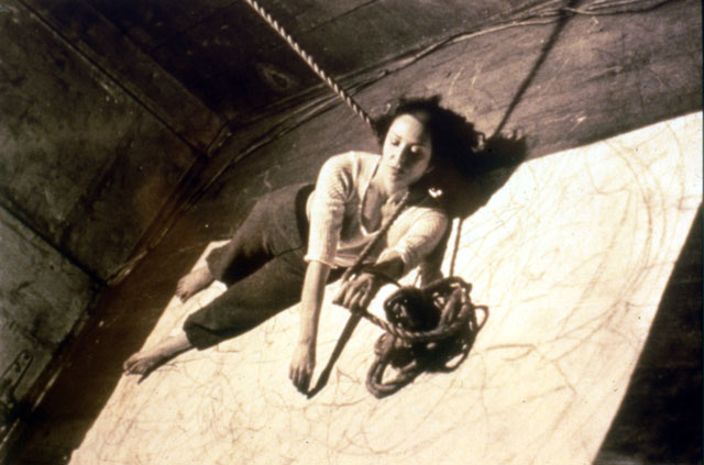 Carolee Schneemann. Up to and Including Her Limits. 1973-76. Crayon on paper, rope, harness, Super 8mm film projector, video (colour, sound; 29 min.), and six monitors. Dimensions variable. The Museum of Modern Art, New York, Committee on Drawings Funds and Committee on Media and Performance Art Funds, 2012. © 2017 Carolee Schneemann. Courtesy the artist, P.P.O.W, and Galerie Lelong, New York.