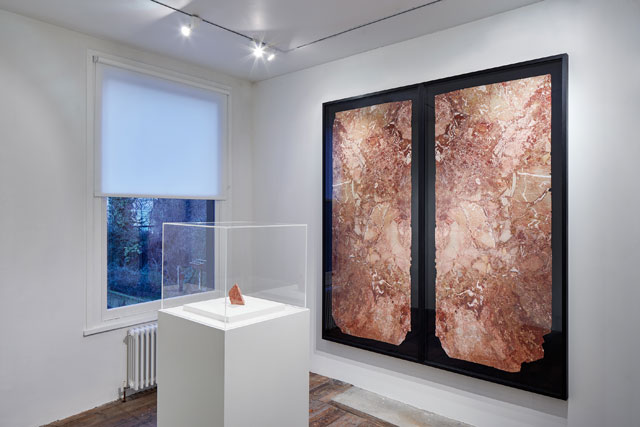 Amie Siegel. Dynasty, 2017. Mixed media including marble fragment from Trump Tower, dimensions variable. Exhibition view, South London Gallery, 2017. Courtesy the artist and Simon Preston Gallery, New York. Photograph: Andy Stagg.