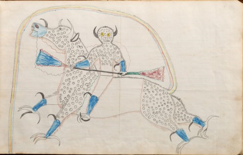 Drawing. Black Hawk (1832?-c1889?), Sans Arc Lakota (Teton Sioux), South Dakota. Dream or Vision or Himself Changed to a Destroyer or Riding a Bufalo Eagle, 1880–81. Paper, ink, graphite, 10 x 16 in (25.4 x 40.6 cm). Cooperstown (New York), Fenimore Art Museum, The Thaw Collection, gift of Eugene V. and Clare E. Thaw. Photograph: New York State Historical Association, Fenimore Art Museum/John Bigelow Taylor. (Cat.85).