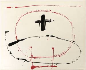 Franciszka Themerson. Calligramme II (‘plus’), 1960. Red emulsion and black enamel paint on paper, 52 x 63 cm.