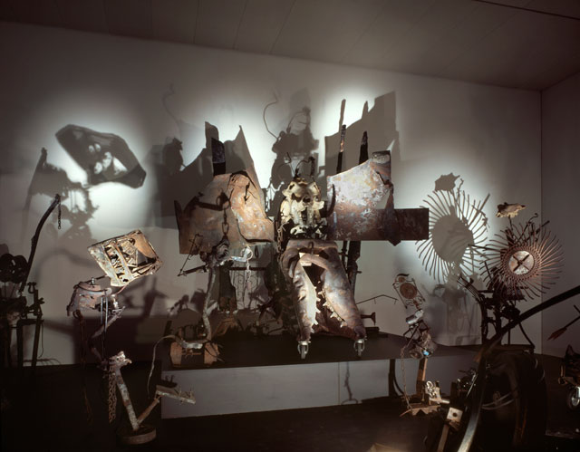Jean Tinguely. Mengele-Totentanz (Hoch-Altar) with the four acolytes Bischof, Gemütlichkeit, Schnapsflasche and Television, 1986. Collection Museum Tinguely Basel - a cultural commitment of Roche. Photograph: Christian Baur, c/o Pictoright Amsterdam, 2016.