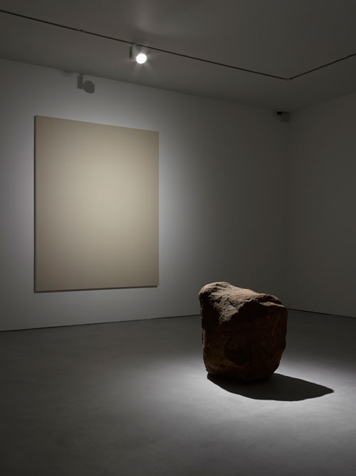 Lee Ufan. Dialogue - Silence, 2013. Virgin canvas, stone. Canvas 227 x 182 x 6cm; Stone 70 x 70 x 70cm. Courtesy the artist and Lisson Gallery. Photograph: Jack Hems.